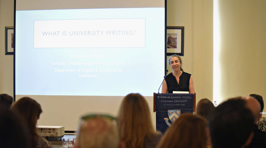 Professor Nicole Wallack, Director of Columbia’s Undergraduate Writing Program, talking to guests about the University Writing course.