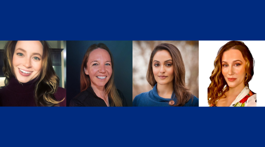 Headshots of alumni Michelle Crupi, Tahlia dos Santos, Crissy McConnell, and Amna Pervez '15GS.