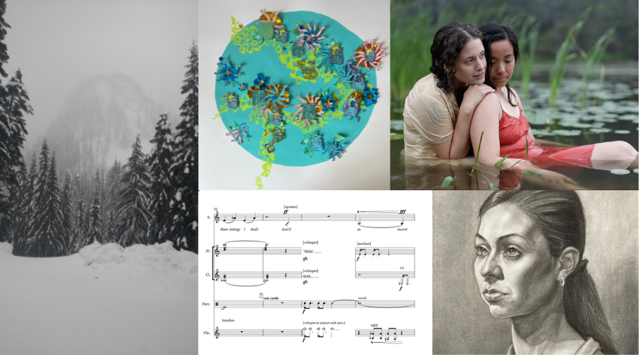Selections from the 2022-23 GS Arts & Research Collective from (clockwise from left) Kerianne Liebman ‘24GS (black and white photography of mountain), Gianna Paniagua ‘23PBPM (paper installation), Victoria Daylor ‘23PBPM (screenshot of two women in a pond from video submission), Mikka Kabugo (black and white sketch of woman), Jessica Roman ‘24GS (sheet music for submitted song)
