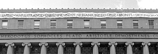 Banner on Butler Library displaying the names of prominent women authors