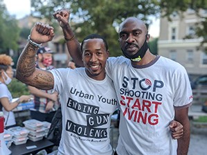 Jarrell Daniels, GS Undergraduate Student (left) and Michael Blake, Bronx Assembly Member, (right) photographed during gun violence ralley
