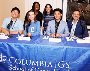 Moderator Ebonnie Goodfield '23 and Dean Lisa-Rosen-Metsch '90 pose with student panelists Nicholas Li, Rae Harris, Zhexi Shan, and Peter Trevino Lunch panelists and the moderator pose with Dean Rosen-Metsch