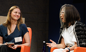 Sara Ziff '11 and Kikka Hanazawa '00 engage in conversation following the screening of "Calendar Girl" Shot of alumnae Sara Ziff and Kikka Hanazawa engaging in conversation