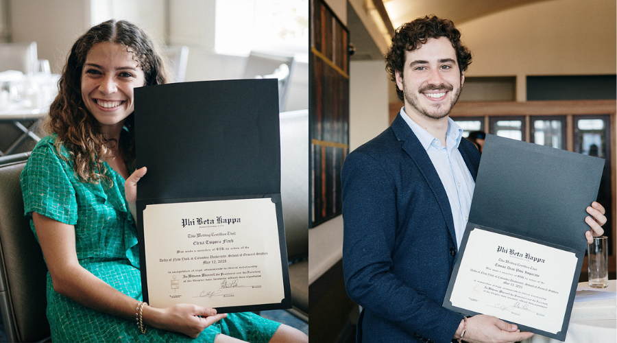 Left to right: Inductees Elena Flack '23GS and Tomas Dias Piva Imparato '23GS at the PBK Ceremony with their certificates