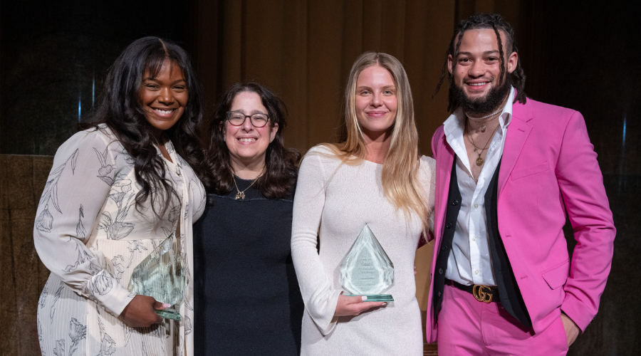 From left to right: Ebonnie Goodfield '23GS, Dean Lisa Rosen-Metsch '90GS, Elizabeth Bordi '23GS, and James Harvey Elliott II '23GS at the Student Academic and Leadership Awards Ceremony