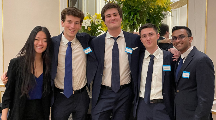 The French national title-winning Jessup Cup team, including Nathan Darmon ‘25GS, Varun Mandgi ‘25GS, and Emily Ni ‘25GS 