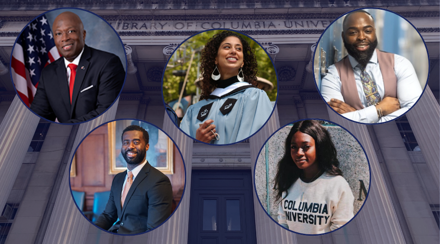 GS alumni Keith Hightower, Menlee Mansue, Alicia Graff Mack, Serengeti Timungwa, and Isaiah Walker (campus shot of Low Library behind them)