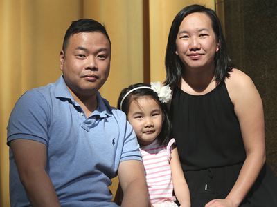 Sheng Chow ‘17PBPM with her husband and daughter, photographed on the Columbia campus