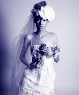 Queenie Luo fashion design, white dress with flower headpiece 