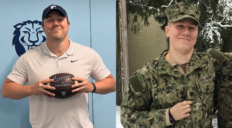 Columbia GS David Garland '26GS holding a Columbia University football next to a photo of him in his Navy uniform.