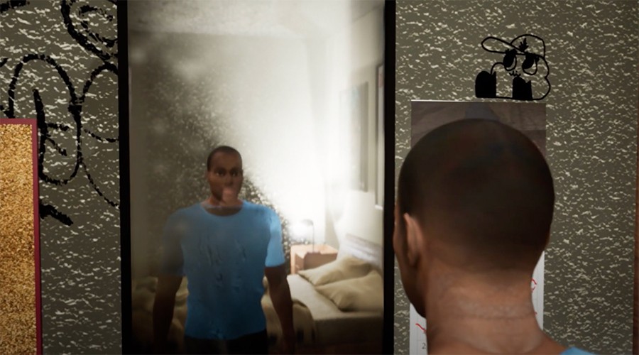 Daniels's avatar looking in the mirror taken from Digital Arrest VR landscape Jarrell Daniels in Digital Arrest VR Experience