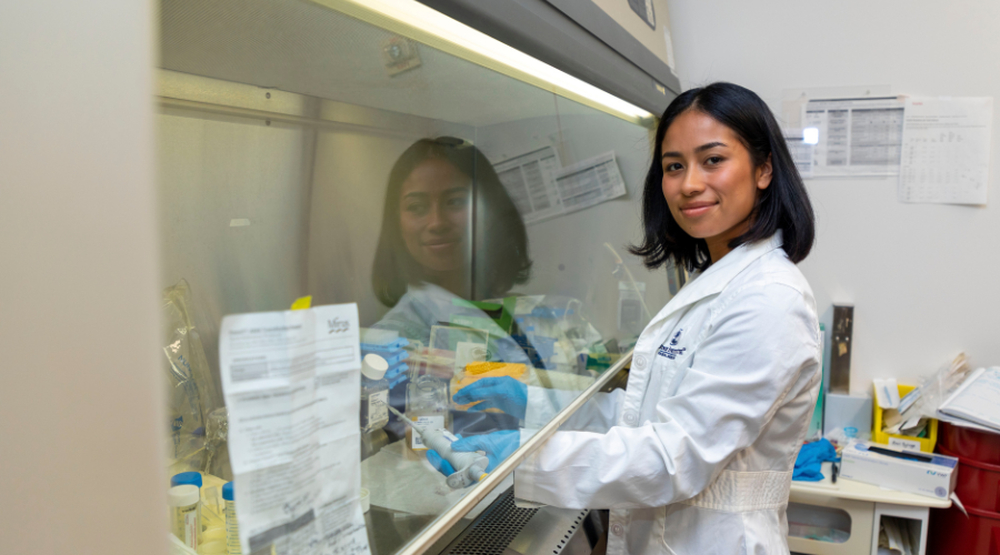Photo: The Stowers Institute for Medical Research Student Leslie Blanco working at the Yu lab