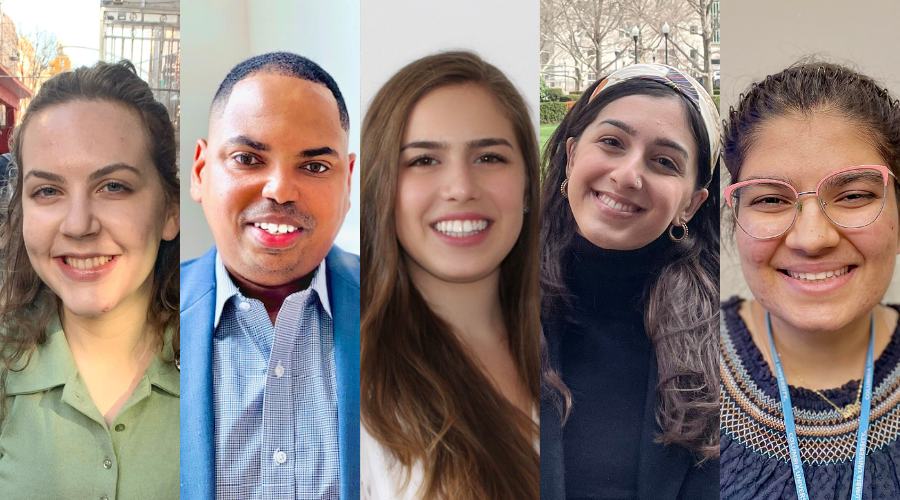 From left to right, headshots of Audrey Brown '23GS, Nick Dutra '24GS, Cecilia Nemeth '26GS, Nikka Afshar '23GS, and Ara Bakhteyar '24GS