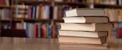 Stack of books at a library.