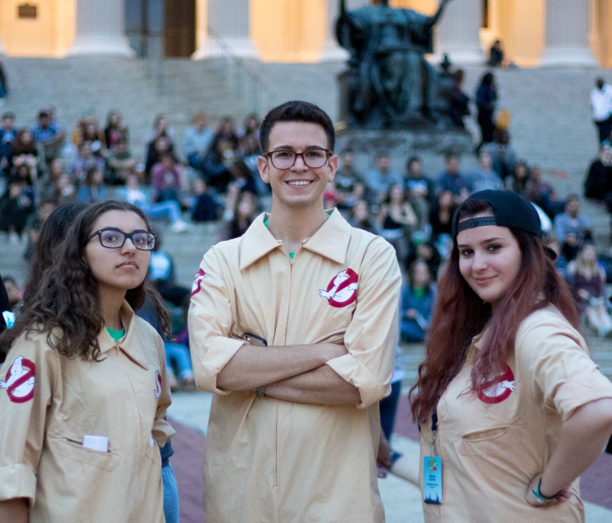 Students at an outdoor movie.