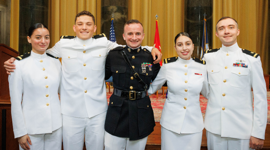 Milana Rodriguez ‘25CC, Daniel Sanchez ‘25SEAS, Isaiah Nagelkerk '25GS, Elena Casas ‘25SEAS, and William Culver ‘25SEAS at the 2025 Columbia University NROTC commissioning ceremony.
