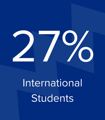 Dark blue graphic with the text "27% International Students"