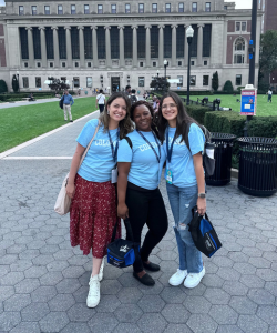 NextGen Public Health Scholars Maria Jesus Vasquez Guillen, Hawa Abraham, and Andrea de los Angeles Vasquez Guillen in front of Butler Library
