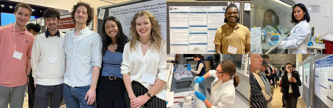 A collage of five images of undergraduate researchers (at the undergraduate research fair and in the lab) from Columbia GS