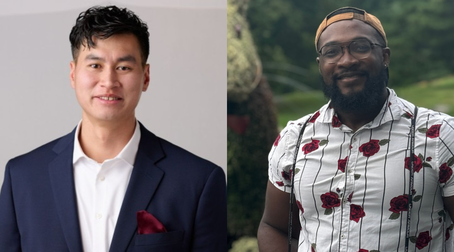 Vien Nguyen '26GS left photographed in front of a white wall. Johntae Jeffries '25GS right side, photographed in front of green bushes and grass outside.