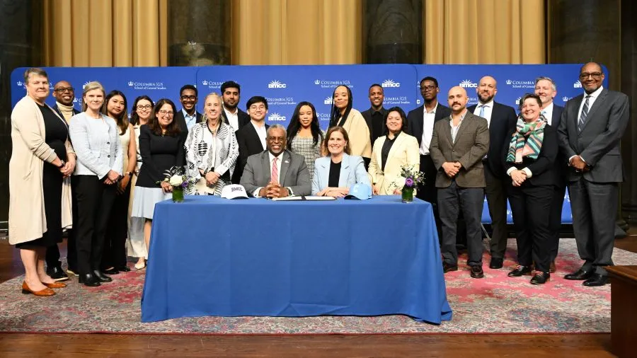 Group photo during the signing of the BMCC-Columbia NYC Scholars signing event, including seniors administrators and students.