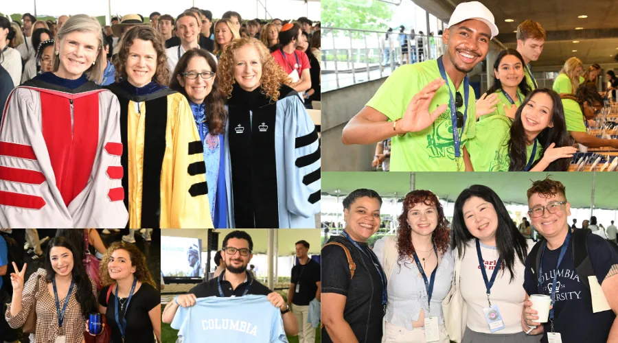 Collage of 5 photos of GS students, orientation leaders, and University leadership at the GS Convocation Ceremony.