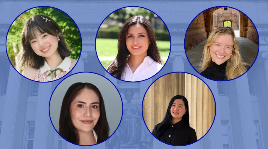 Collage of headshots of five Columbia GS students who received the Women's Forum of NY Scholarship on a light blue background.