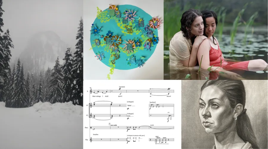 Selections from the 2022-23 GS Arts & Research Collective from (clockwise from left) Kerianne Liebman ‘24GS (black and white photography of mountain), Gianna Paniagua ‘23PBPM (paper installation), Victoria Daylor ‘23PBPM (screenshot of two women in a pond from video submission), Mikka Kabugo (black and white sketch of woman), Jessica Roman ‘24GS (sheet music for submitted song)