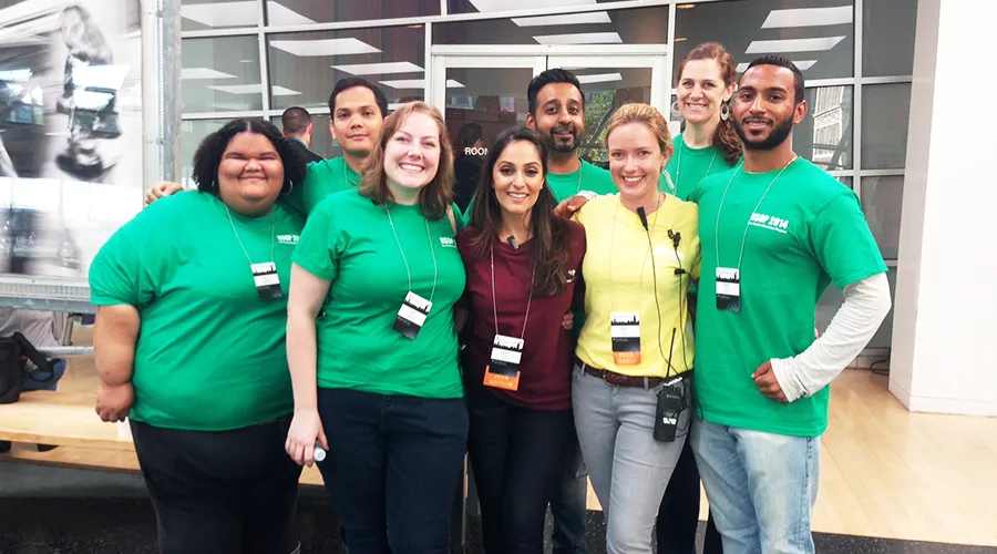 Eight Orientation Leaders pose for a photo in Lerner Hall