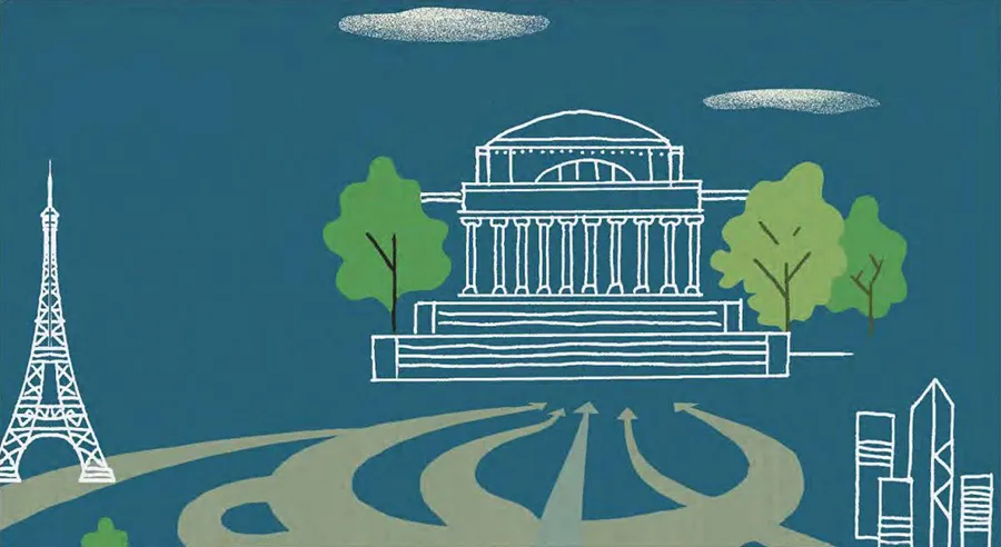 Abstract illustration of Low Memorial Library, with the Eiffel Tower in the foreground