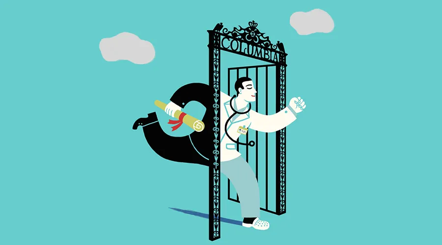 Illustration of a man clutching a diploma running through the Columbia wrought-iron gates, one half of his body dressed in a suit, the other dressed in a doctor's white coat with a stethoscope around his neck