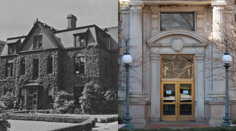 On the left, Alumni House in 1955, the first home of GS on campus. 
On the right, Lewisohn Hall in 2019, the current home of GS on campus.