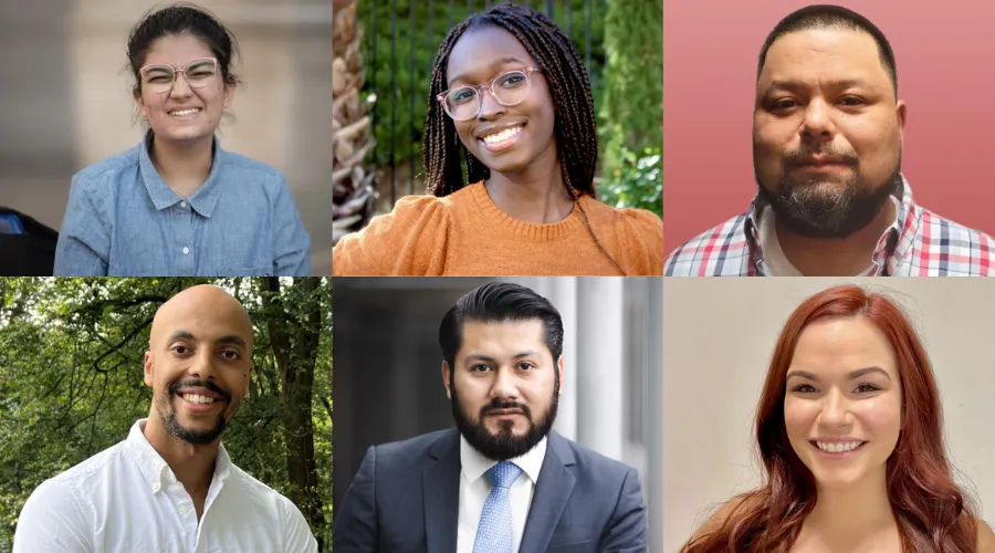 The 2023-2024 GS Social Impact Fellows, clockwise from top left: Ara Bakhteyar ‘24GS, Sofia Ongele ‘24GS, Enrique Ortiz, Ava Ann Kamdem ‘25GS, Humberto Romero Gonzalez ‘24GS, and Emmanuel Wondimu ‘24GS