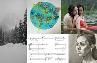 Selections from the 2022-23 GS Arts & Research Collective from (clockwise from left) Kerianne Liebman ‘24GS (black and white photography of mountain), Gianna Paniagua ‘23PBPM (paper installation), Victoria Daylor ‘23PBPM (screenshot of two women in a pond from video submission), Mikka Kabugo (black and white sketch of woman), Jessica Roman ‘24GS (sheet music for submitted song)
