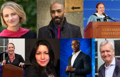 Clockwise from upper left: Sara Ziff ‘11GS, Daudi Justin ‘18GS, Gale A. Brewer ‘97GS, Peter H. Kostmayer ‘71GS, Jarrell Daniels ‘22GS, Evelin Collado ‘10GS, and Kirsty Jardine '15GS '16PH