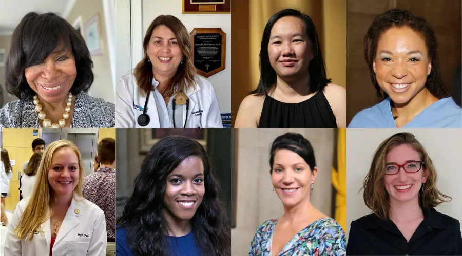 Postbac Premed alumnae Linda Burke, Marcelle Abell-Rosen, Sheng Chow, Ashley Oliver, Stephanie Hart, Chioma Iwelumo, Judith Tanenbaum, and Alexandra Naides