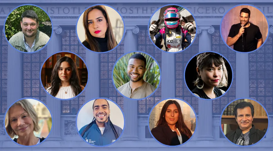 Headshots of 11 incoming GS students with a photo of Butler Library in the background