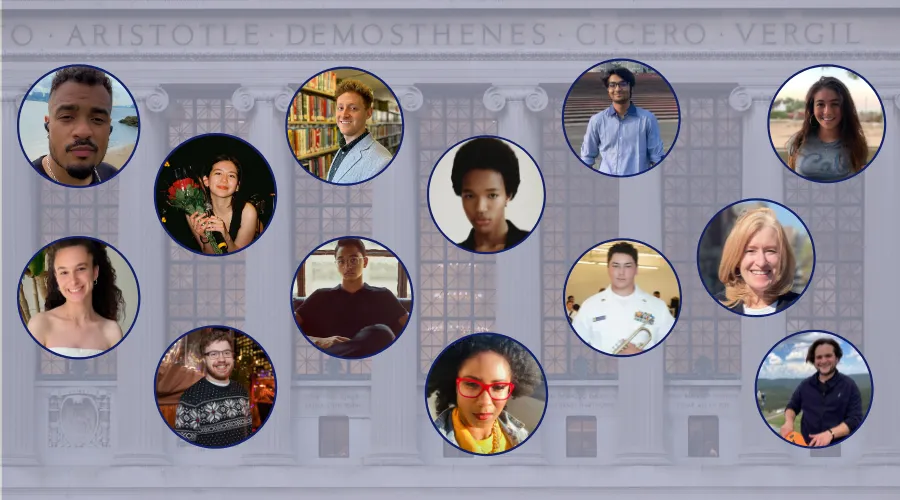Photo of Butler Library facade overlayed with circular portraits of 13 incoming students 