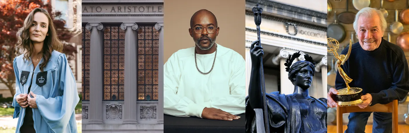 Collage of five photos (left to right): Zuzanna Bijoch '23GS, facade of Butler Library, Elegance Bratton '14GS, Alma statue, Jacques Pepin '70GS