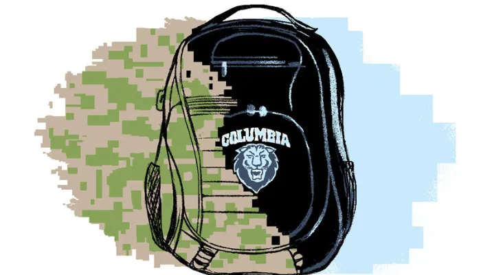 Drawing of Columba backpack with camoflauge and Columbia blue painted behind