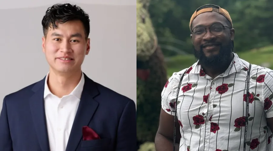 Vien Nguyen '26GS left photographed in front of a white wall. Johntae Jeffries '25GS right side, photographed in front of green bushes and grass outside.